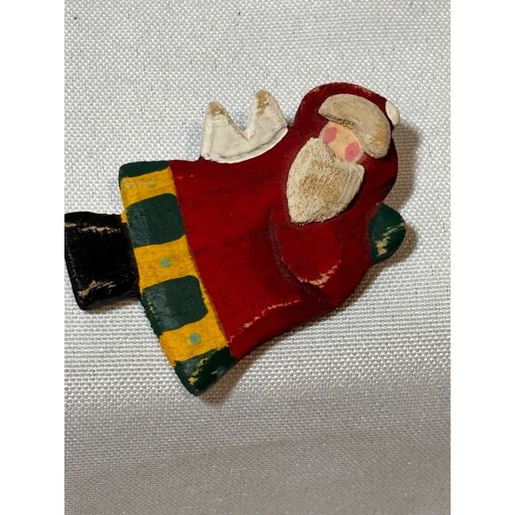 Christmas Angel Santa Hand Crafted & Painted Vintage Wood Brooch Pin Folk Art - Picture 4 of 4